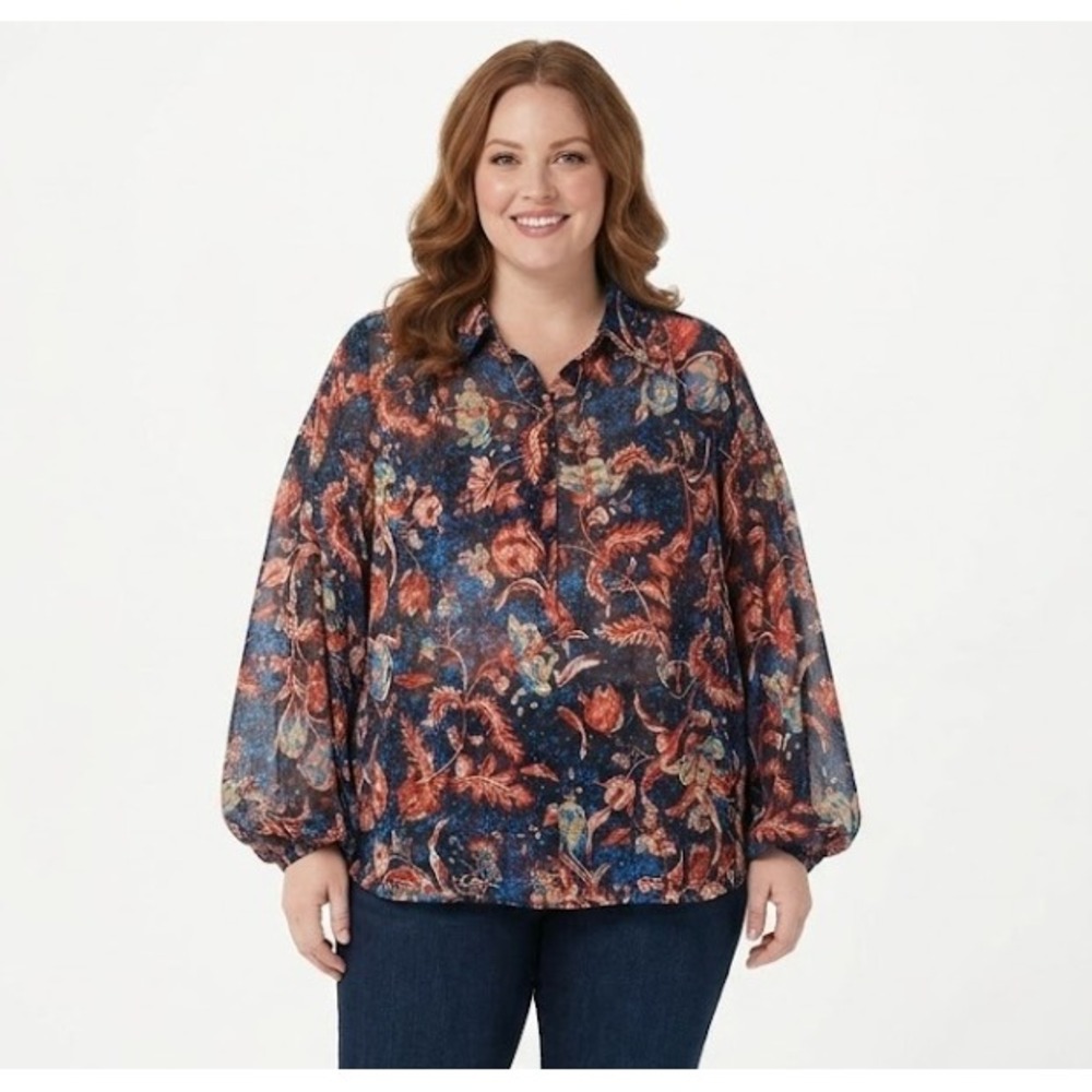 Express size XL Multi Color Artsy Floral Long Sleeve Popover Blouse Office